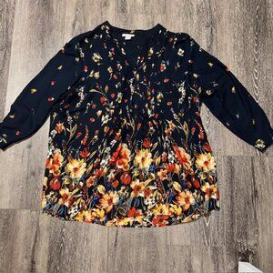 Serengeti Black Floral 3/4 Sleeve 100% Polyester Tunic Blouse Top Plus Size 2X